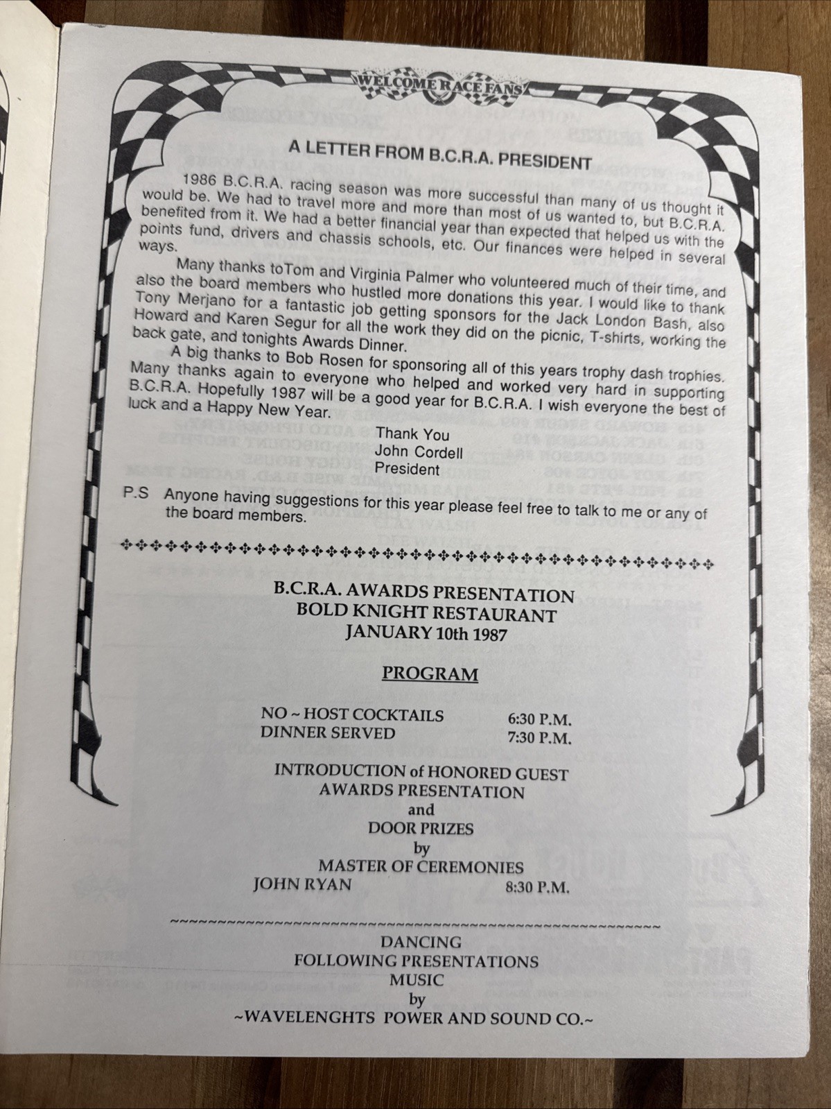 1987 BCRA Bay Cities Racing Association Awards Banquet Program