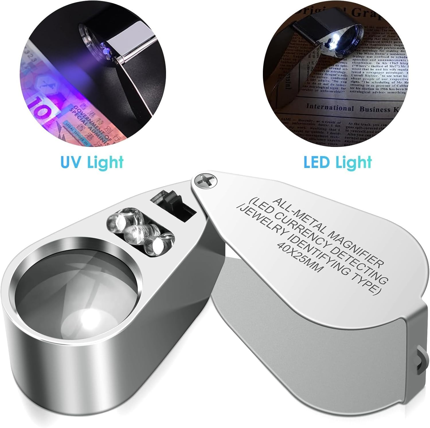 40X Jewelers Loupe Jewelry Loop Coin Magnifier Light Pocket LED Magnifying Glass