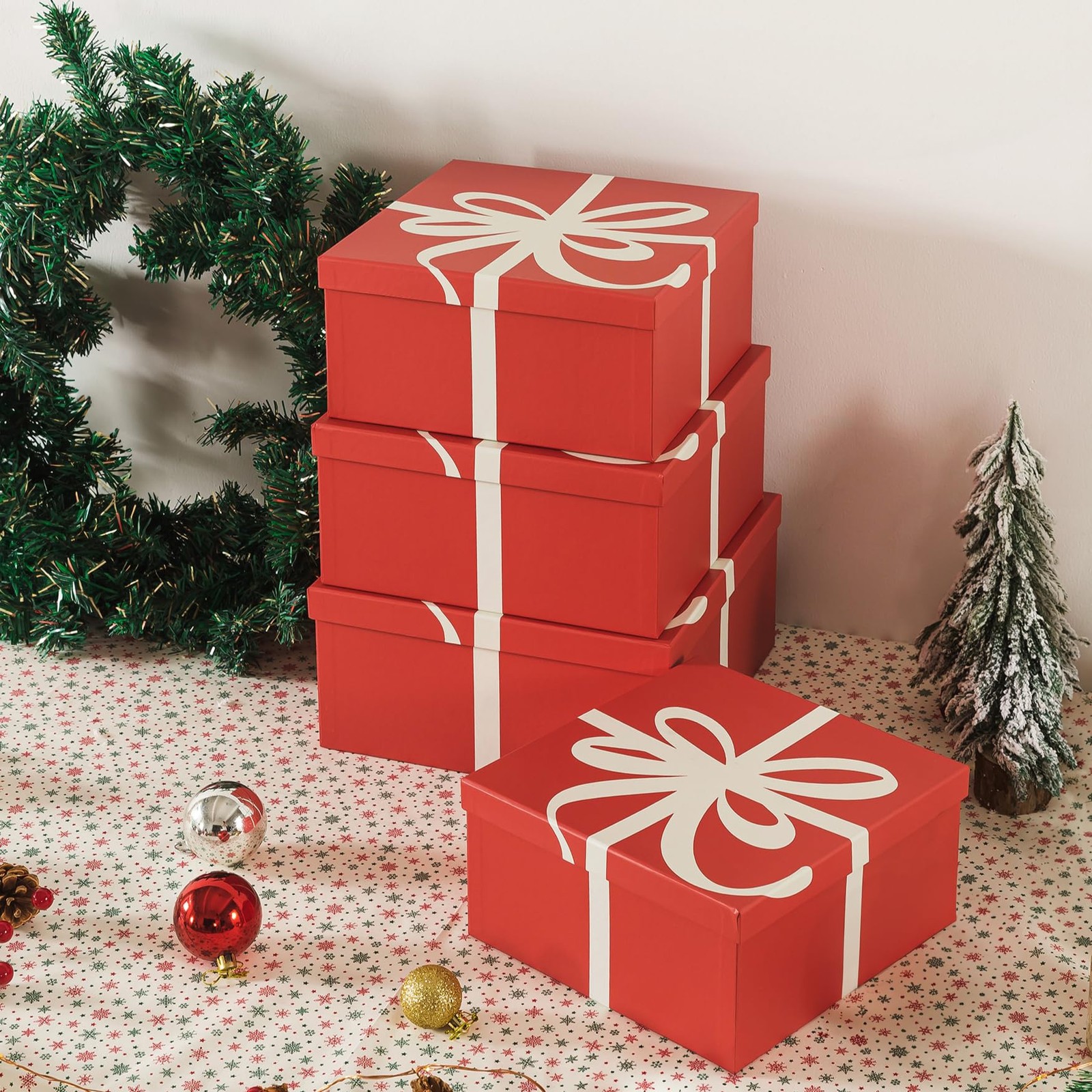 4 PCS Christmas Square Decorative Boxes Lids Set Festive Red Reusable Nesting