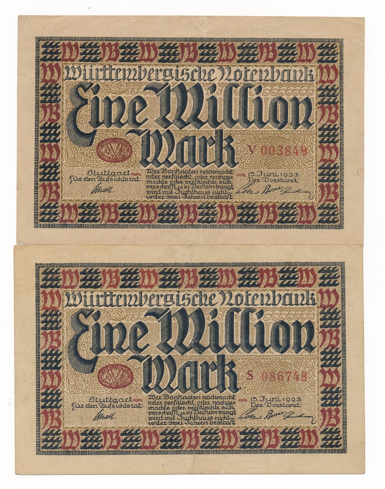 Germany 1,000,000 Mark (million) Württembergische Notenbank 1923 Stuttgart x2
