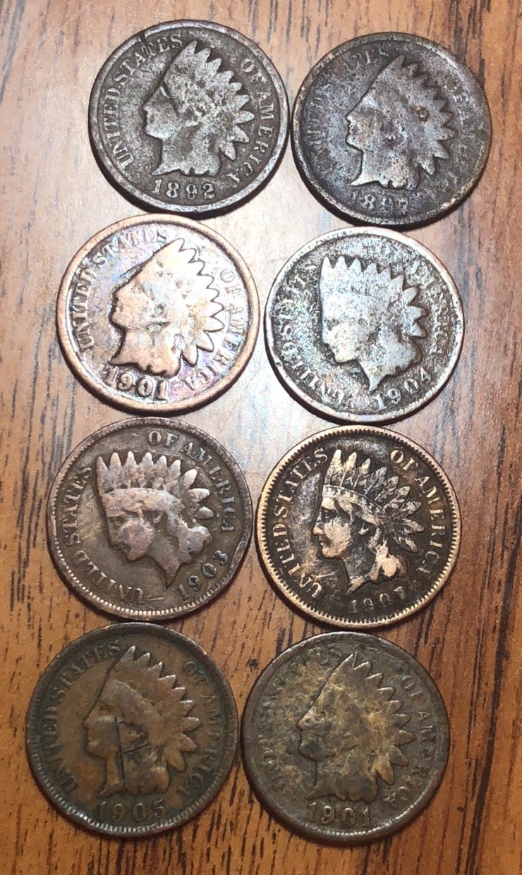 Indian Cents, 1892,1897,1901X2,1904,1903,1907,1905 Get (8)These Exact Coins M102