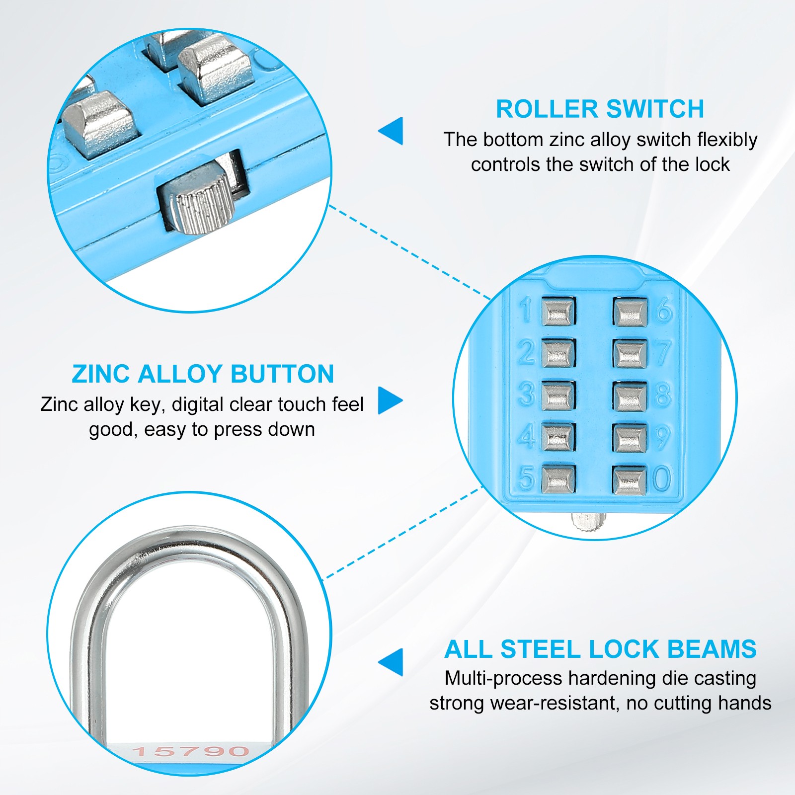 10 Digit Button Combination Padlock 5 Position Locking Mechanism Lock Blue