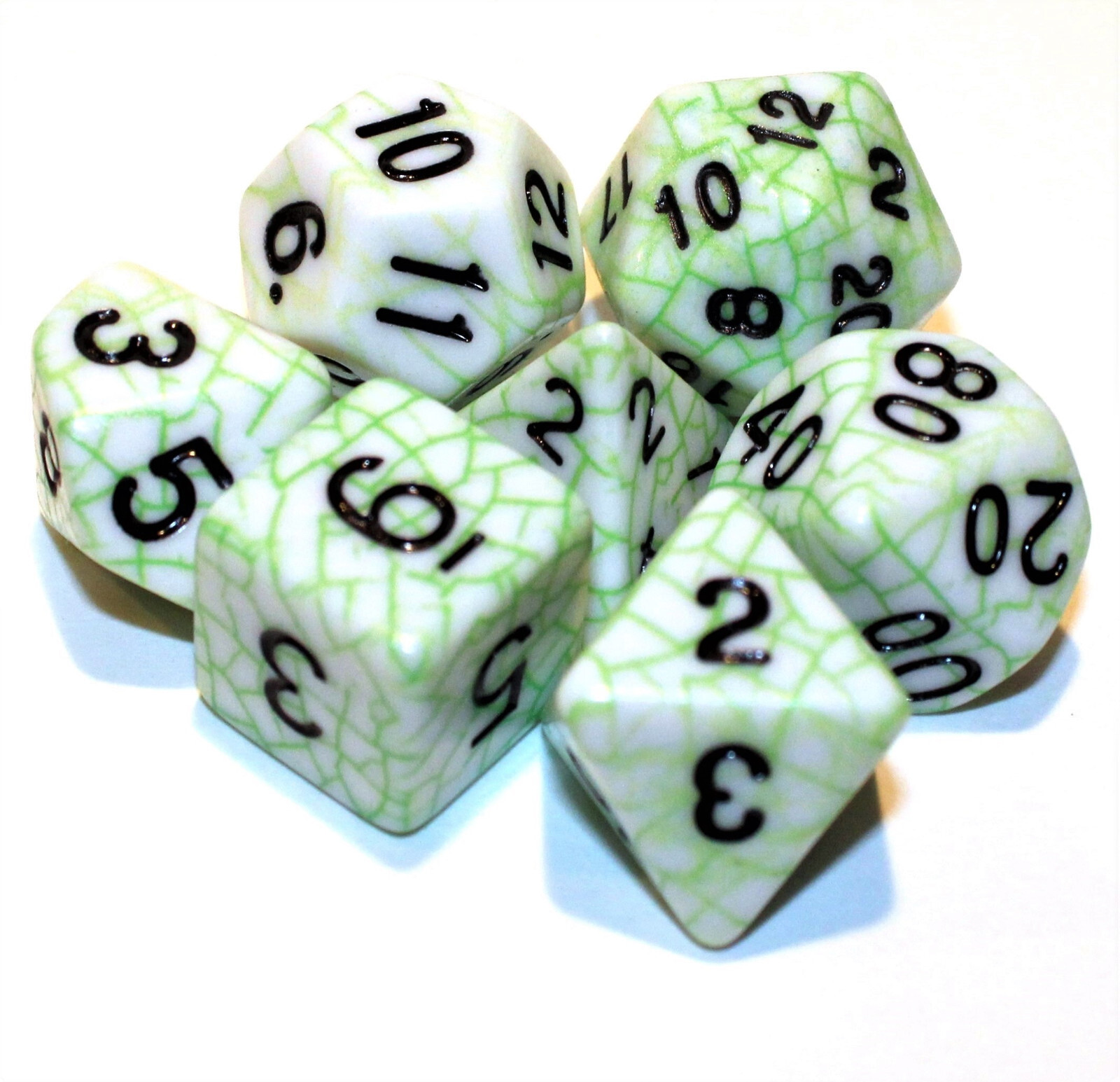 New 7 Piece Spider Web Polyhedral Dice Set - Green w/ Green Bag