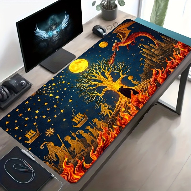 A Large Gaming Mouse Pad Featuring a Fantasy Art Design of Dragons And Trees in