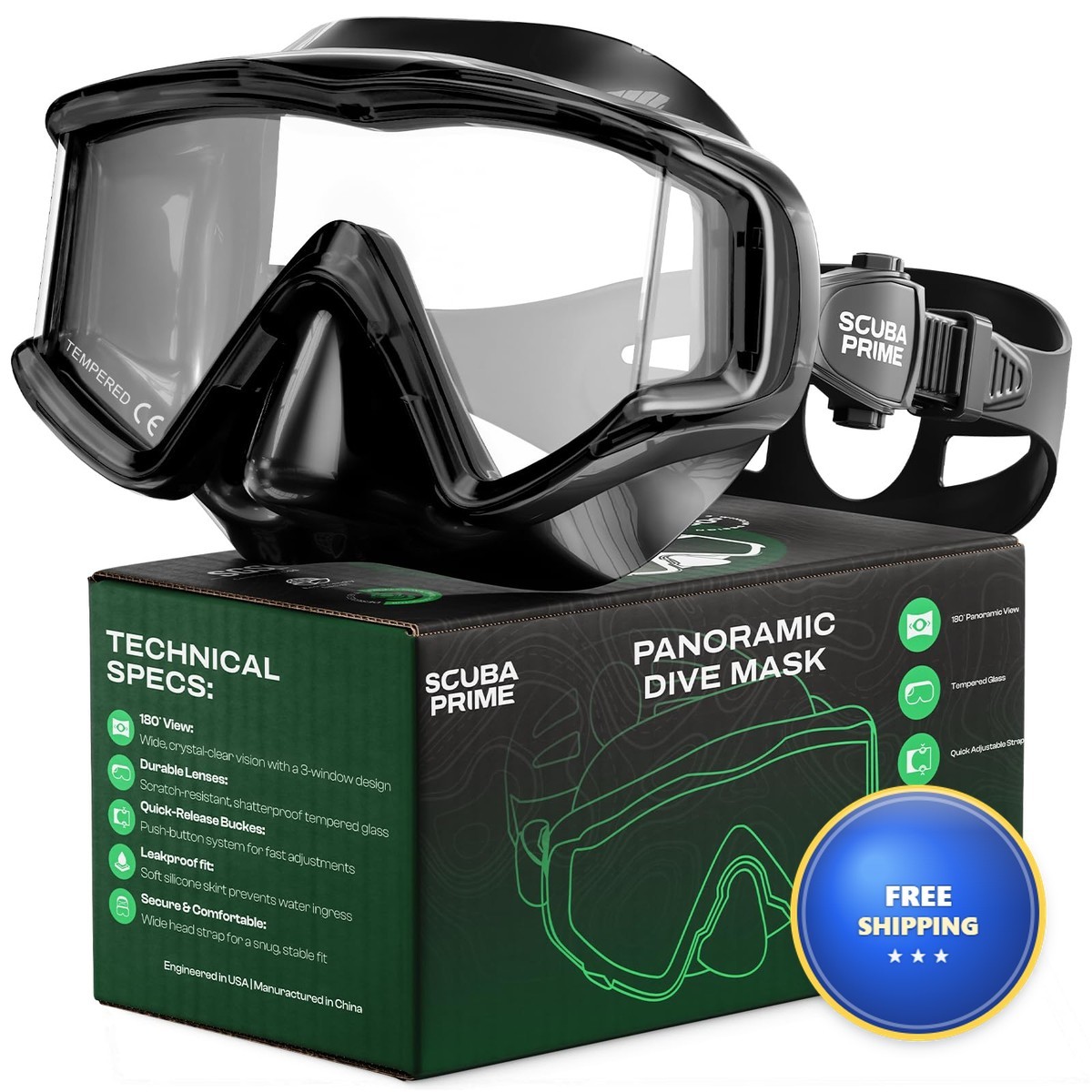Scuba Prime Pano 3 Scuba Diving Mask - Black Tempered Glass Three-Window