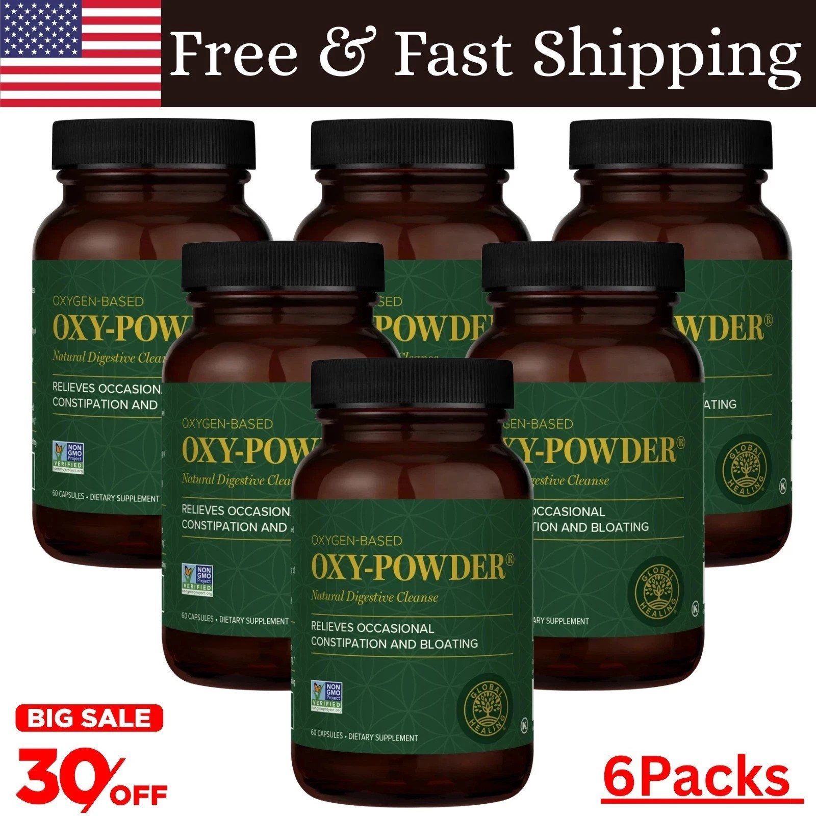 6pack Oxy-Powder Colon Cleanse 60 Caps Natural Constipation Relief Detox Support