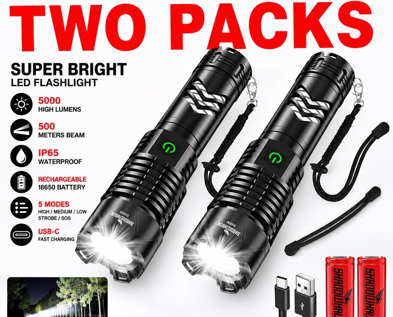 2 PACK -LED Flashlight, Extremely Bright 20,000 Lumens Rechargeable USB Tactical