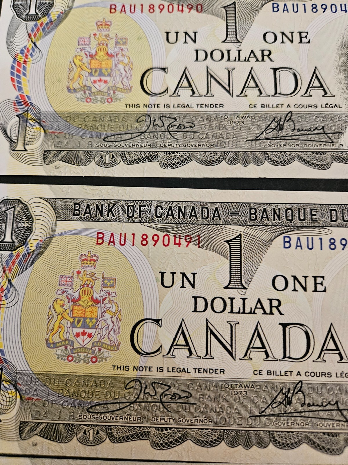 5 Sequential 1973 Canada $1 Bank Note Canadian One Dollar Bill. Uncirculated