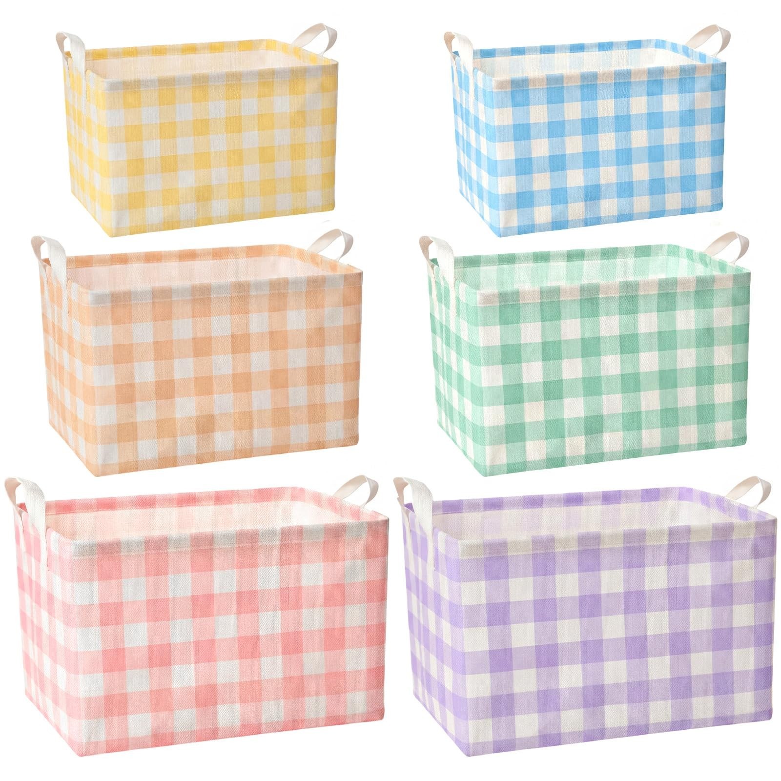 6 Pack Plaid Canvas Baskets Rectangular Storage Bins Collapsible Decorative O...