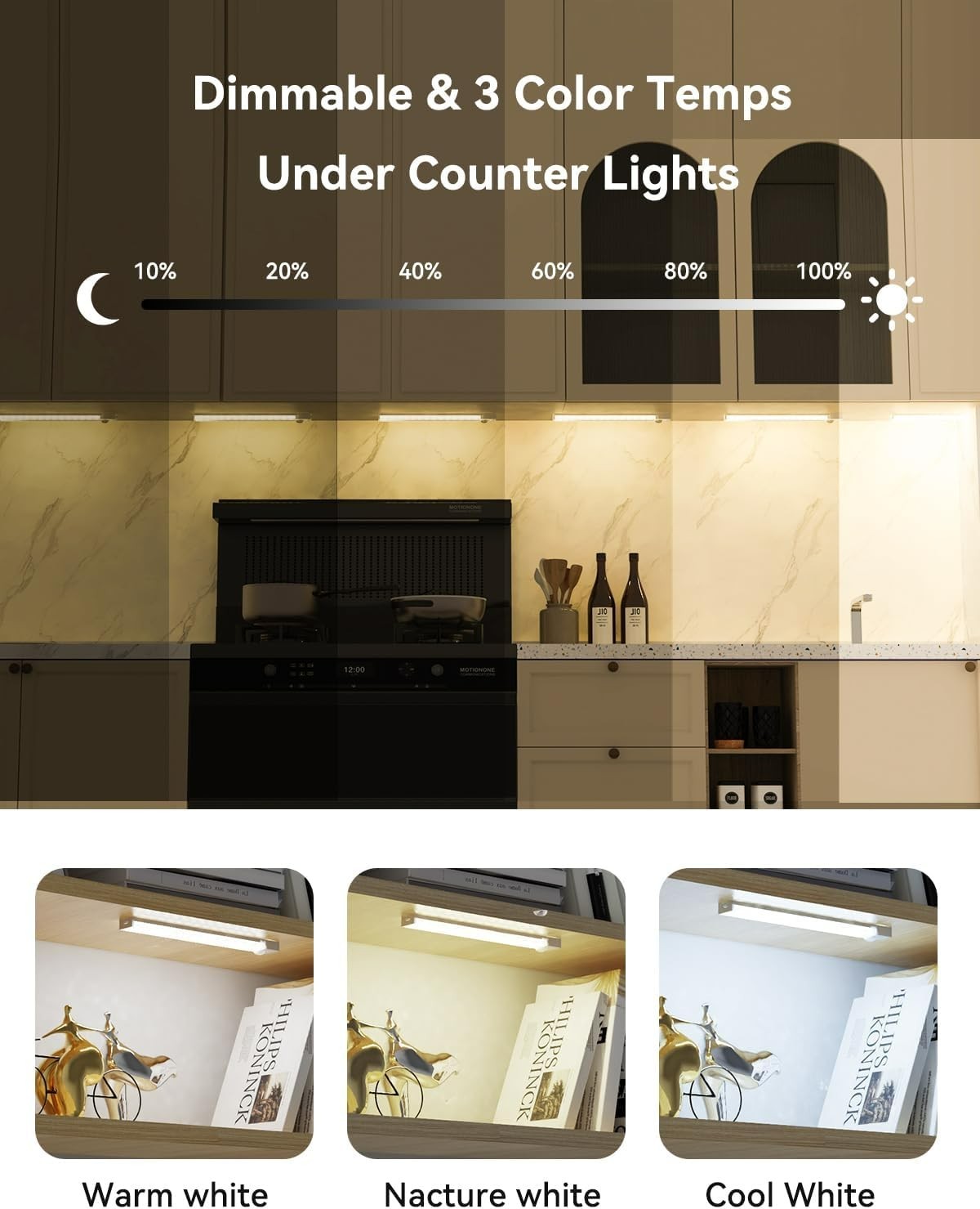 Under Cabinet Lighting 8 Inches Rechargeable Motion Sensor Light Indoor, 3 Co...