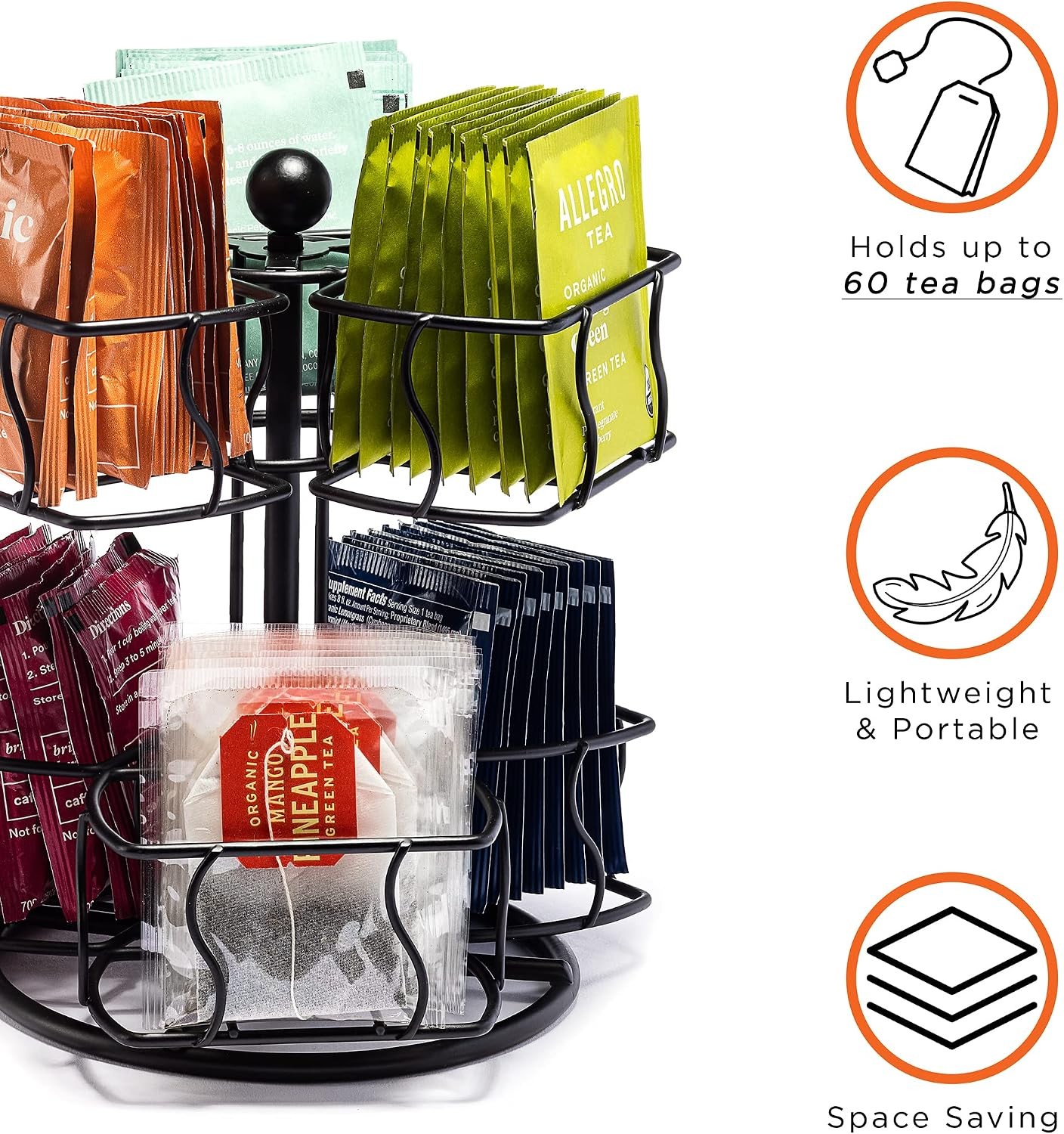 Tea Bag Spinning Carousel Tea Caddy Organizer Countertop Holds 60 Bags