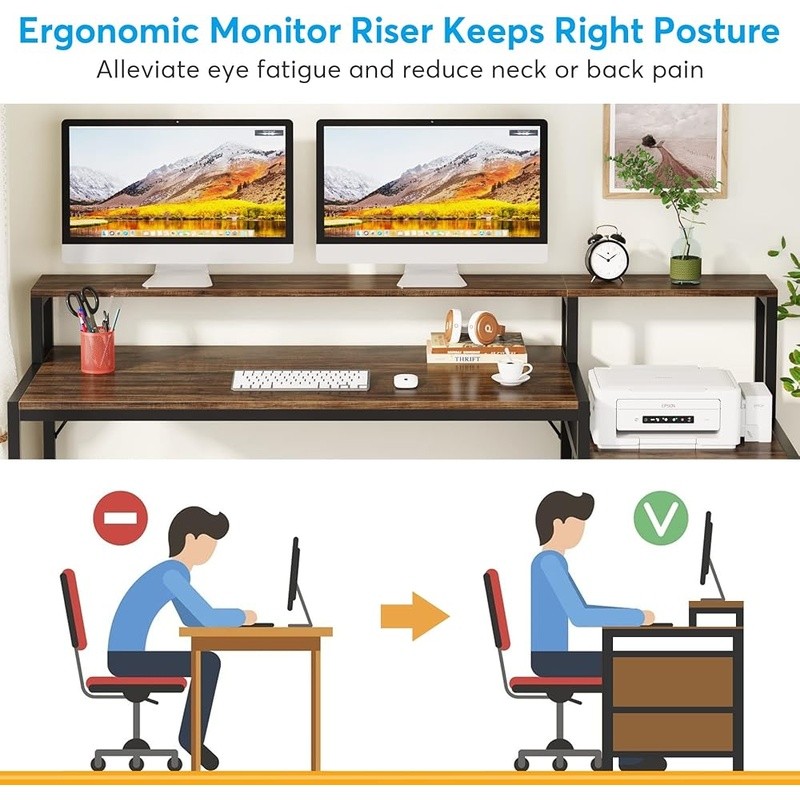 Ergonomic Computer Desk W/ Storage Cabinet Two-Tier Workstation Organizer New