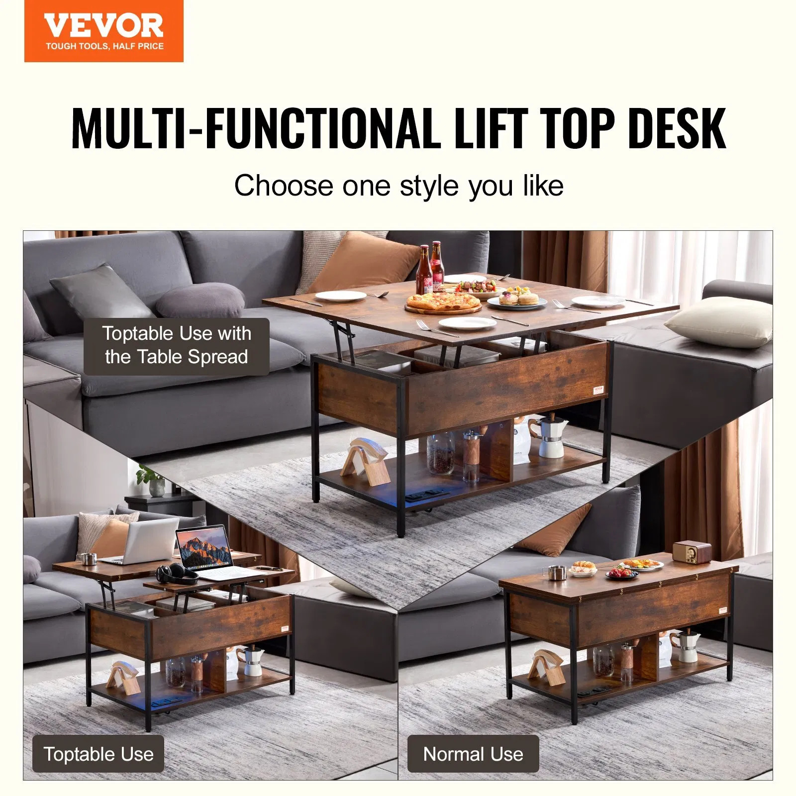 Lift Top Coffee Table, 39.4 in Rectangle Coffee Table with Extra Storage Pockets