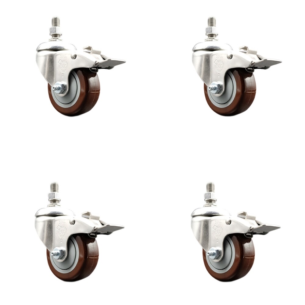 3.5 Inch 316SS Maroon Polyurethane Swivel ½ Inch Stem Caster Set Lock Brake SCC