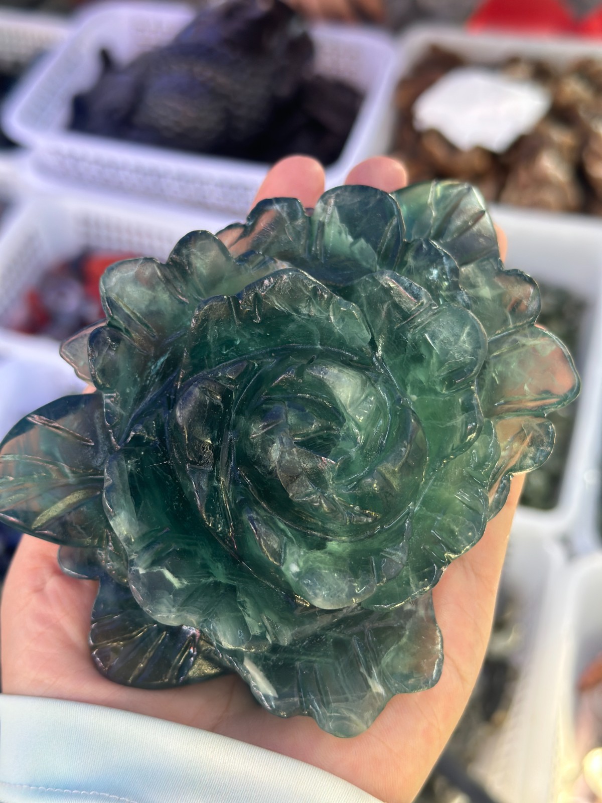 1pc Natural green fluorite Quartz Carved peony flower Crystal Reiki healing gift