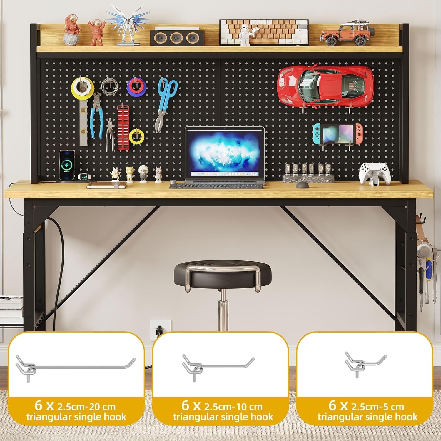 60" Adjustable Workbench with Pegboard, Heavy Duty Wood Top Work Bench with W...