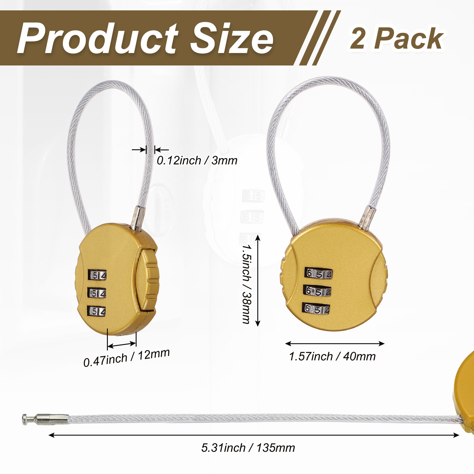 2-Pack Combination Padlock, 3 Digit Round Shaped Cable Luggage Lock [Gold]