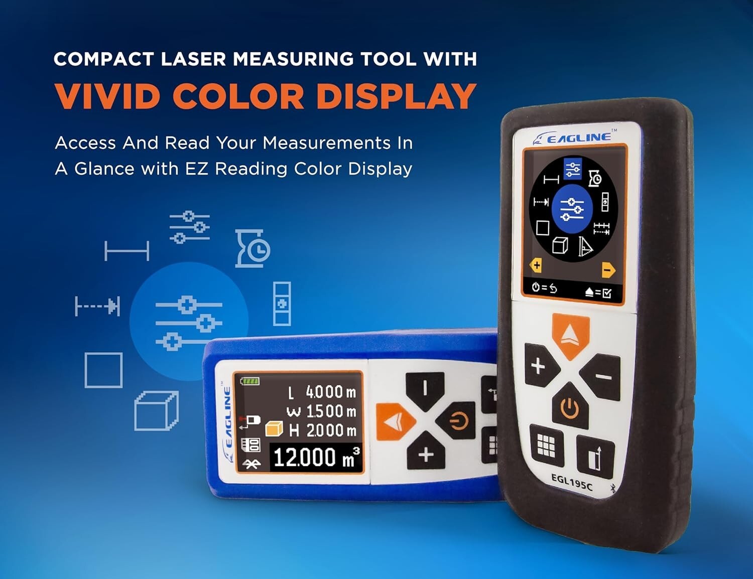EGL195C Laser Distance Measure 195Ft EZ Reading Display Area Volume Height Level