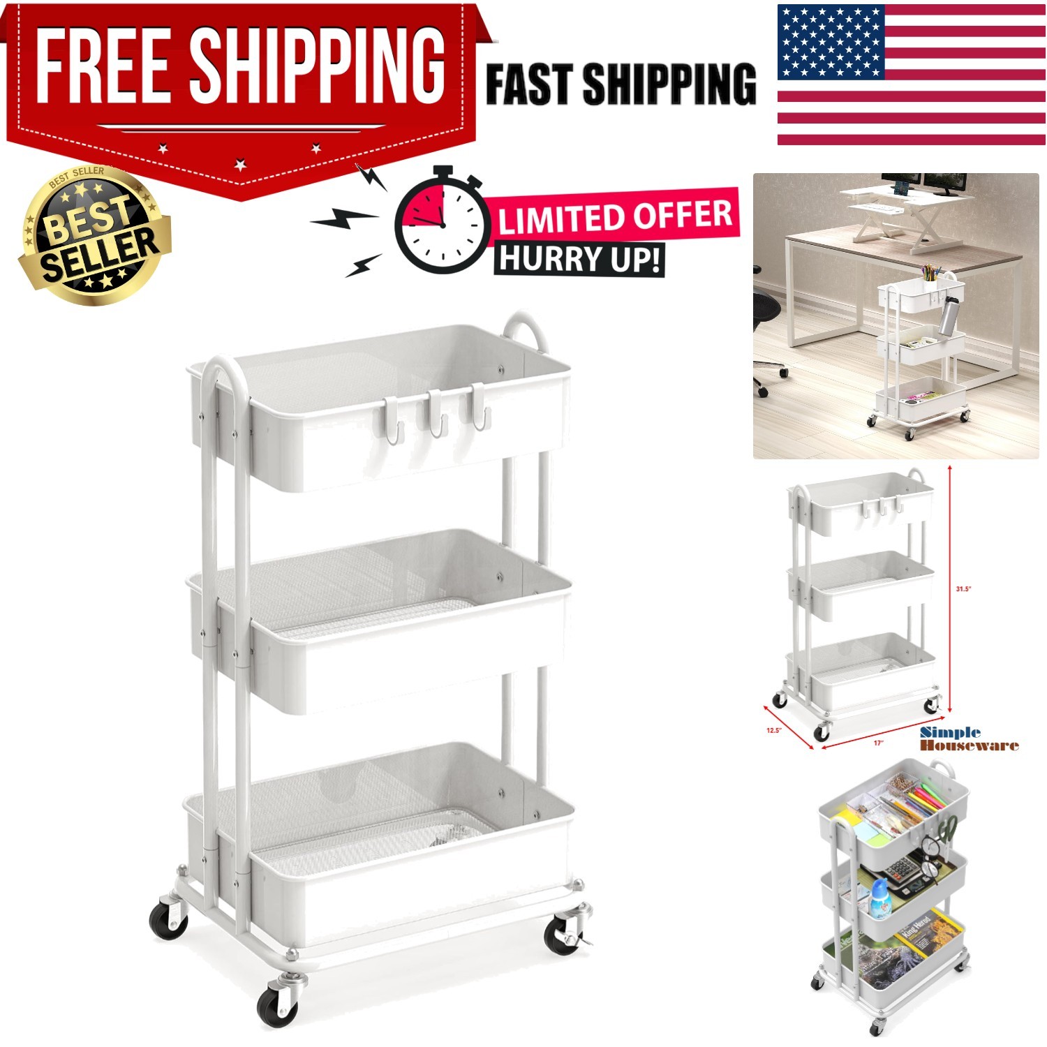 3-Tier Heavy Duty Metal Utility Rolling Cart, White
