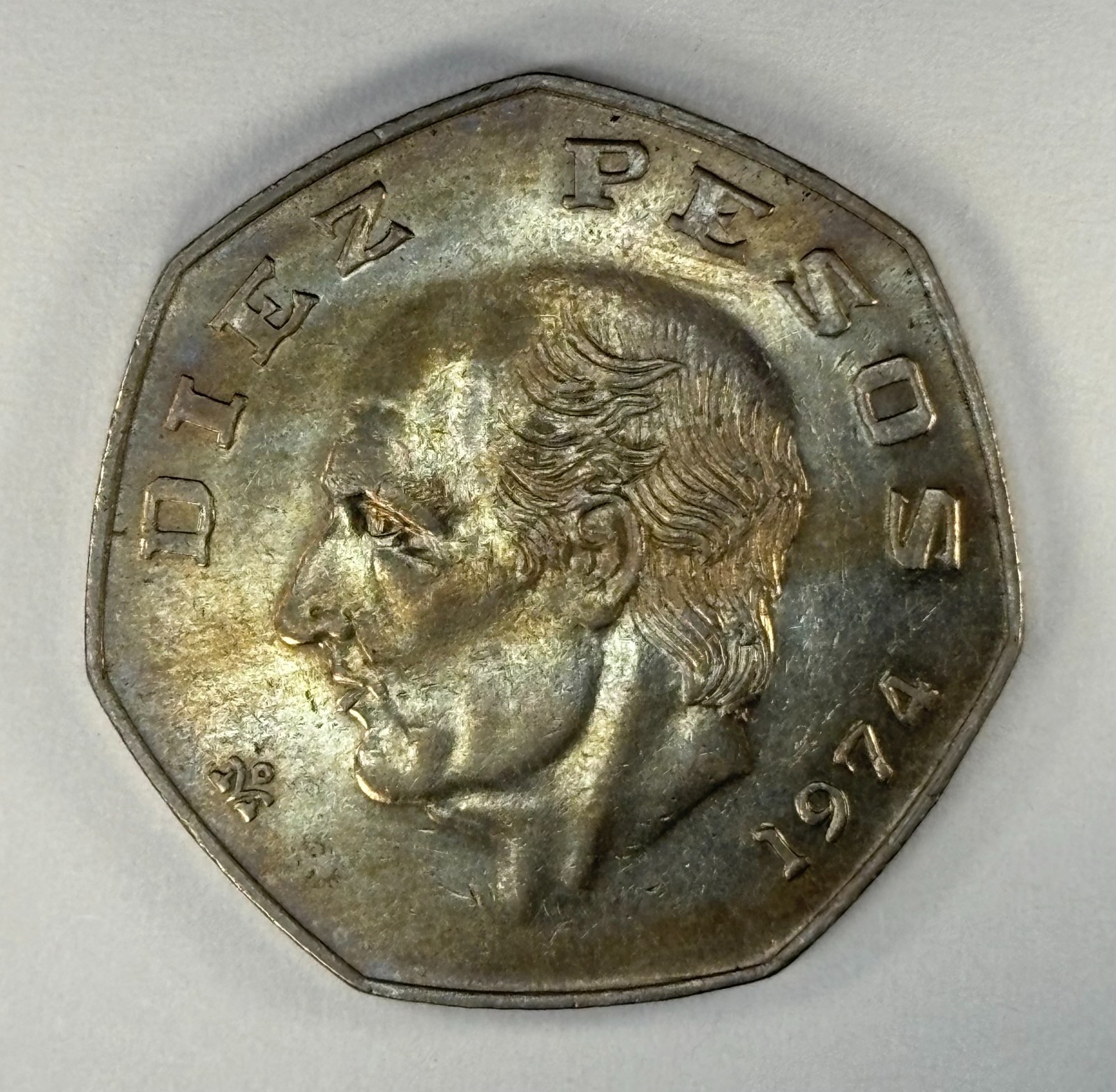 1974 Mexico Diez Pesos Improper Alloy MIx Streaking KM-477.1