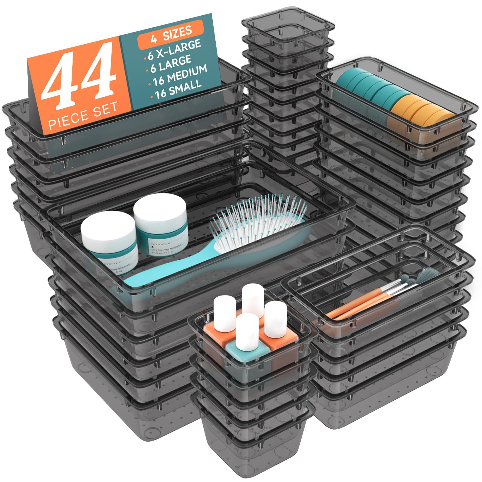 Clear Plastic Drawer Organizer 44 PCS - 4 Sizes for Makeup, Jewelry, Office