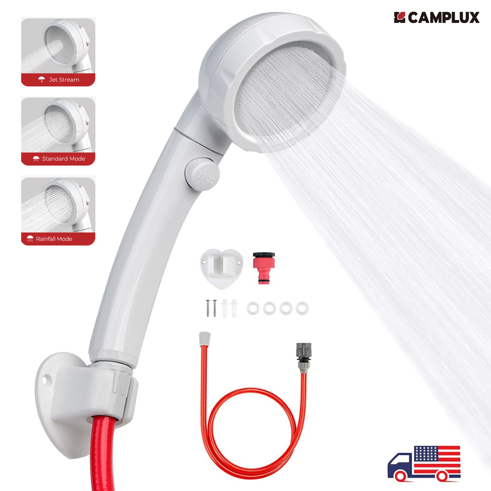 Camplux Hand Held Showerhead High Pressure w/ Switch Garden Hose Quick Connector