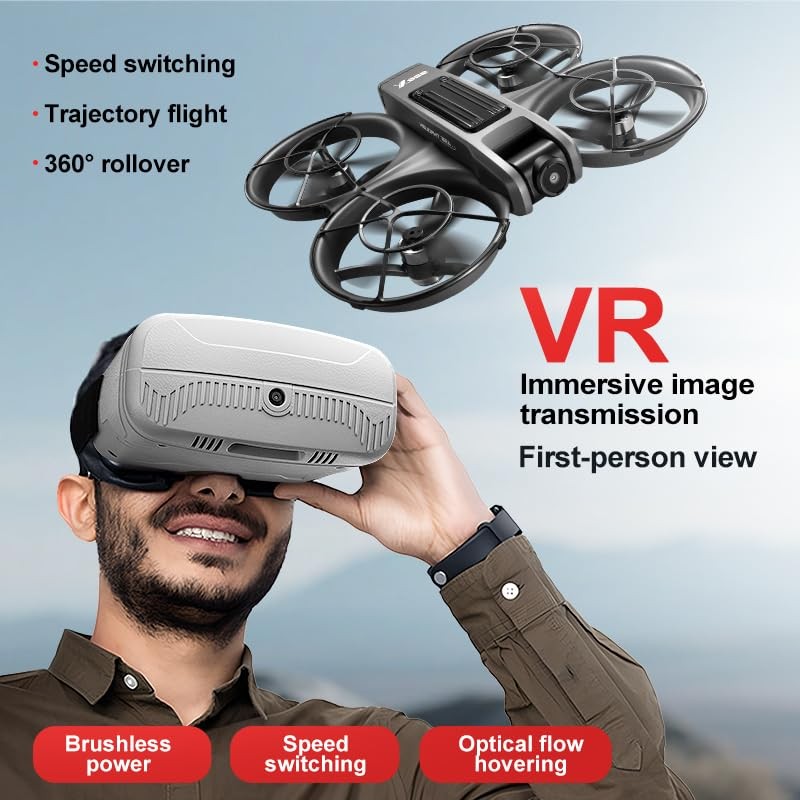 VR FPV Hobby Drone with Goggles, Optical Flow Positioning, Dual Black