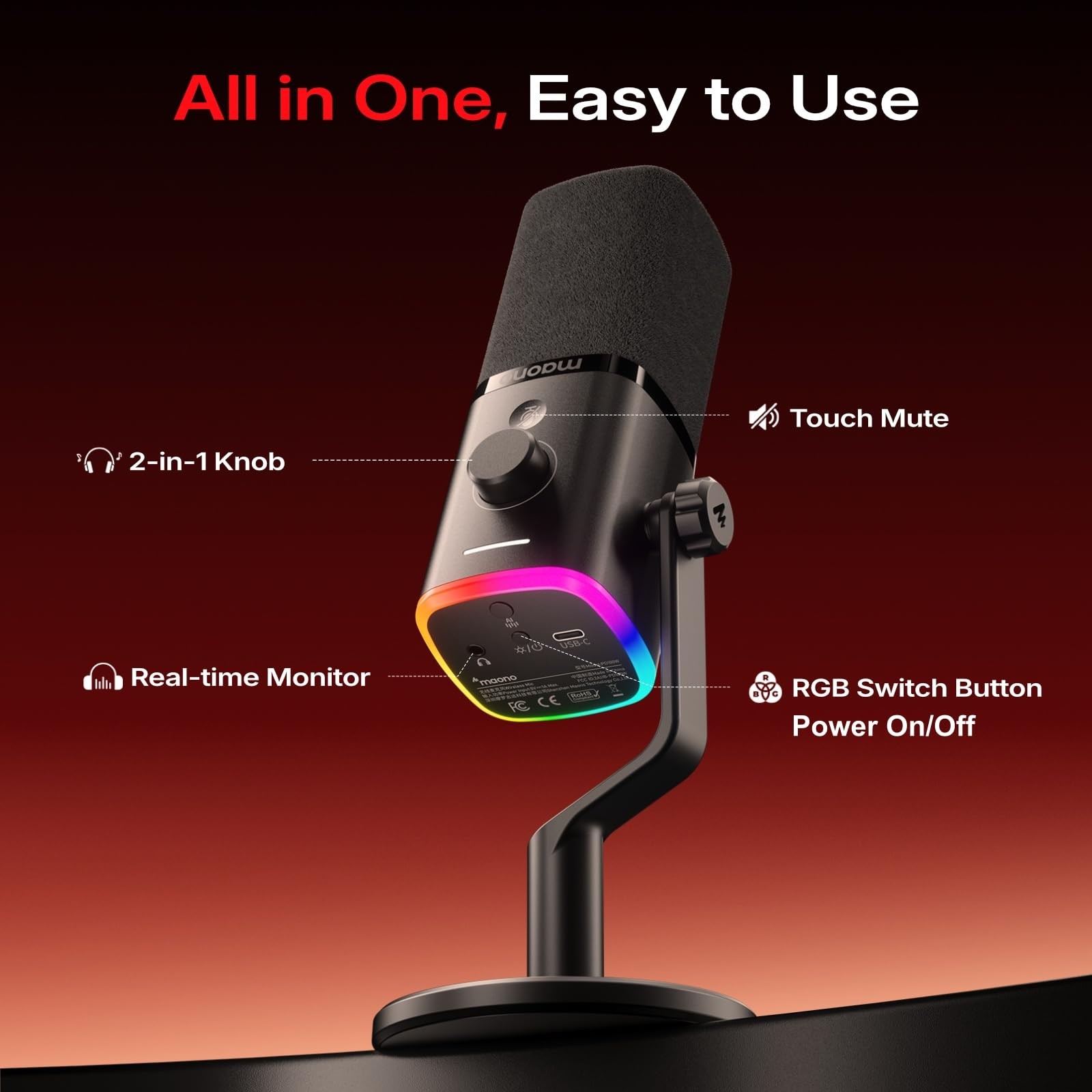 MAONO PD100W USB Wireless Microphone for PC, Gaming USB-C Receiver, Black