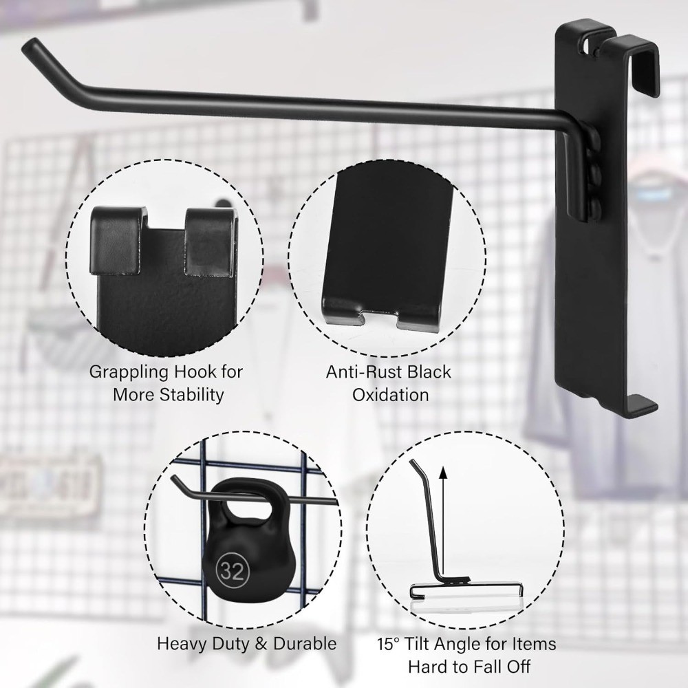 Gridwall Hooks - 4 Inch Heavy Duty Black Display Hooks for Grid Wall Panel