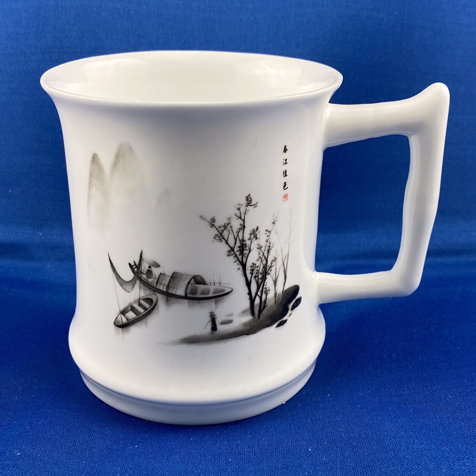 Bone China Chinese coffee mug white boat mountains