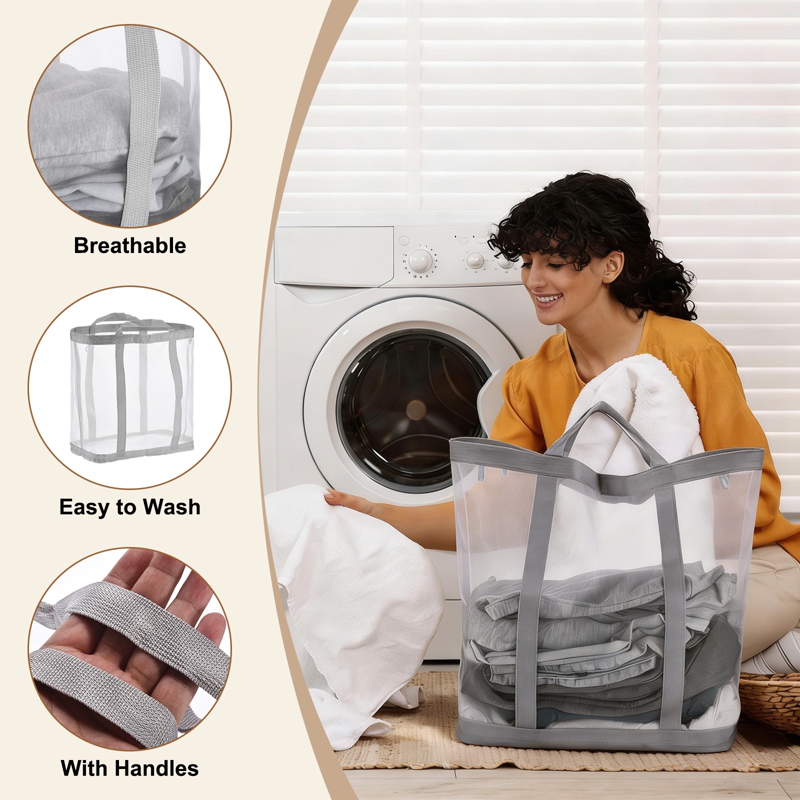 Collapsible Basket Mesh Hamper with Handles Foldable Bag Grey Large