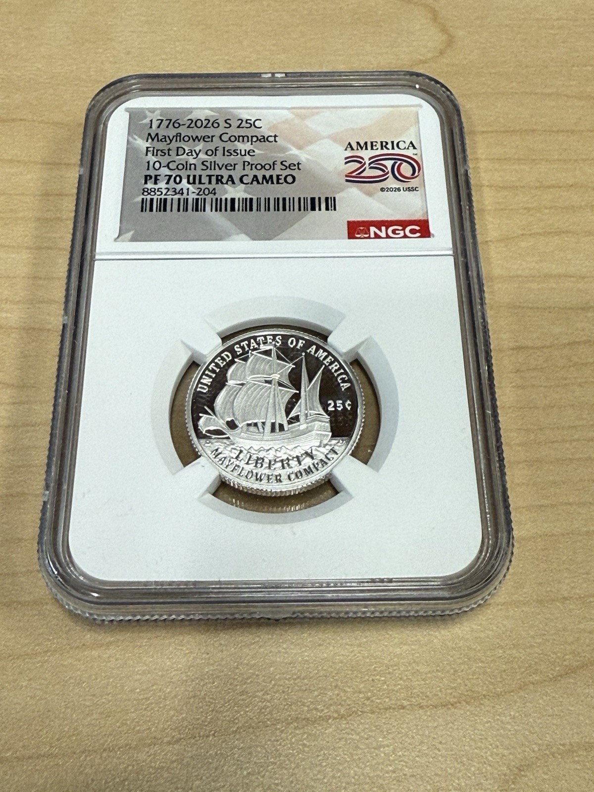 1776-2026 S PROOF SILVER QUARTER MAYFLOWER COMPACT NGC PF70 UCAM FDOI