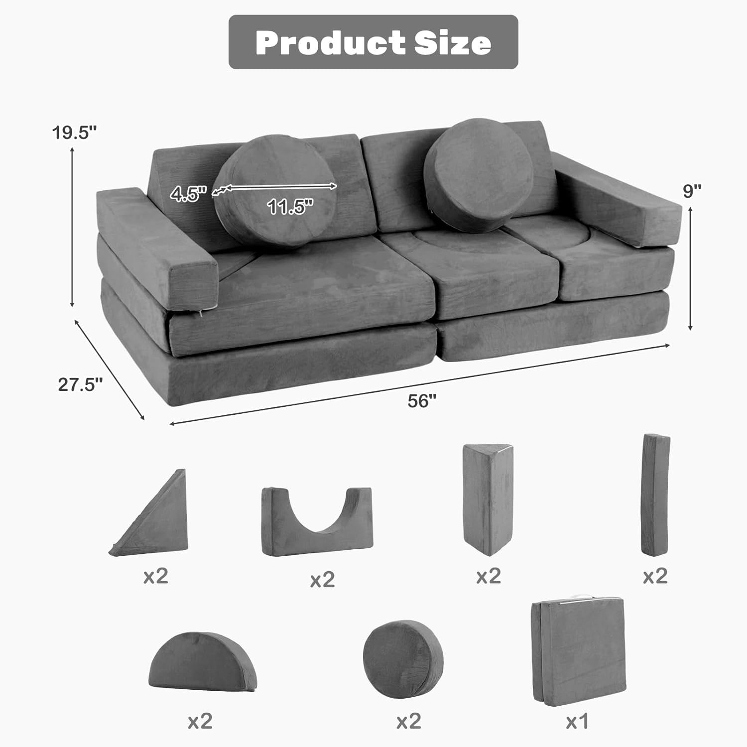 Modular Kids Play Couch - 13 PCS Soft Foam Sofa for Creative Play & Forts (Grey)