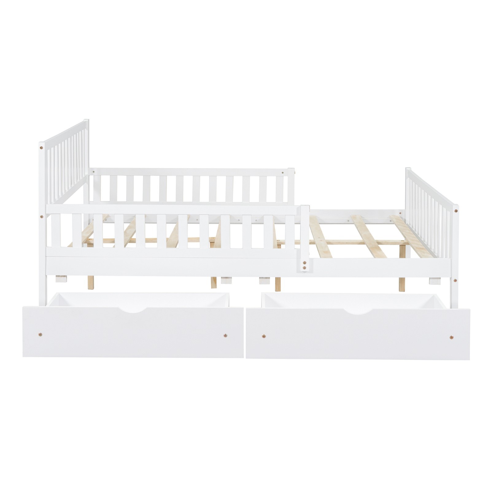 Full Size Wood Platform Bed (Dual-Side Guardrails, 2 Storage Drawers)