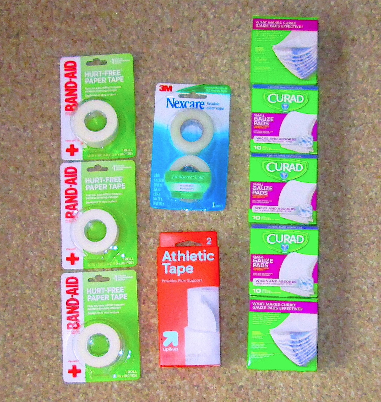 Assorted Injury Accessories-Sports Tape and Gauze Pads-9 items total