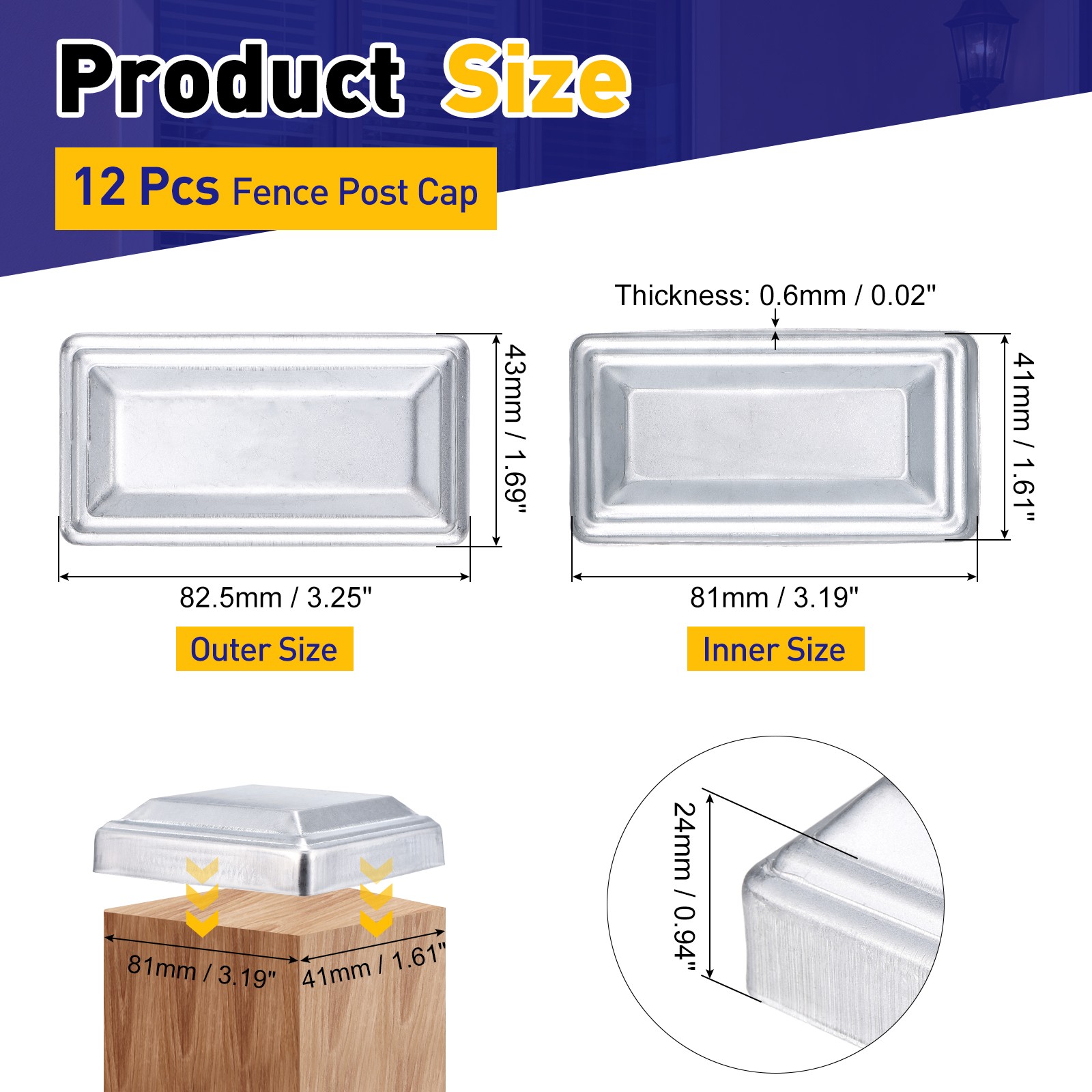 12Pcs Fence Post Cap, Galvanized Deck Post Caps Fit 3.2" x 1.6" Pipe, Silver