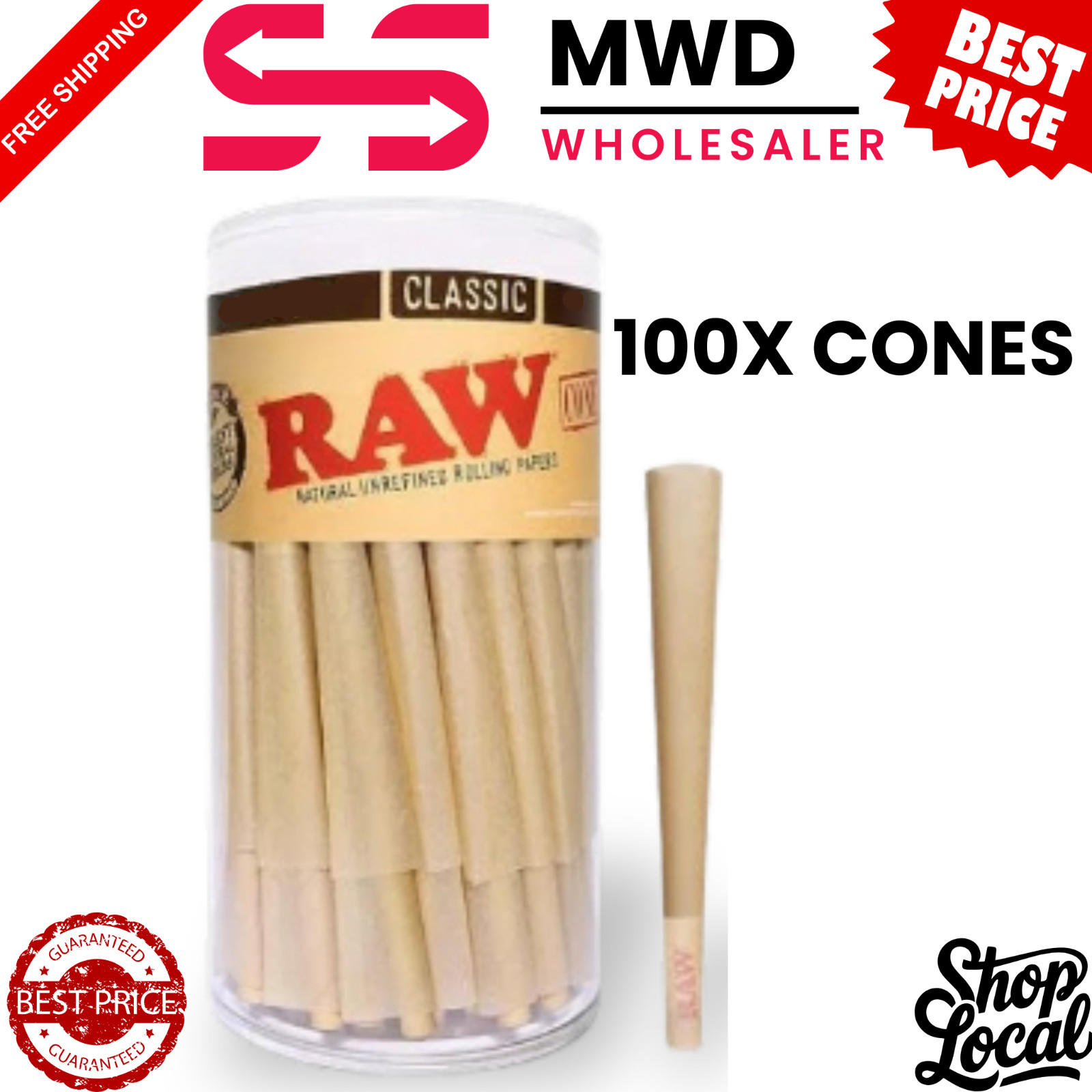 RAW Dogwalker Mini 70/24 Cones – 100 count – Small Pre-Rolled Classic Papers