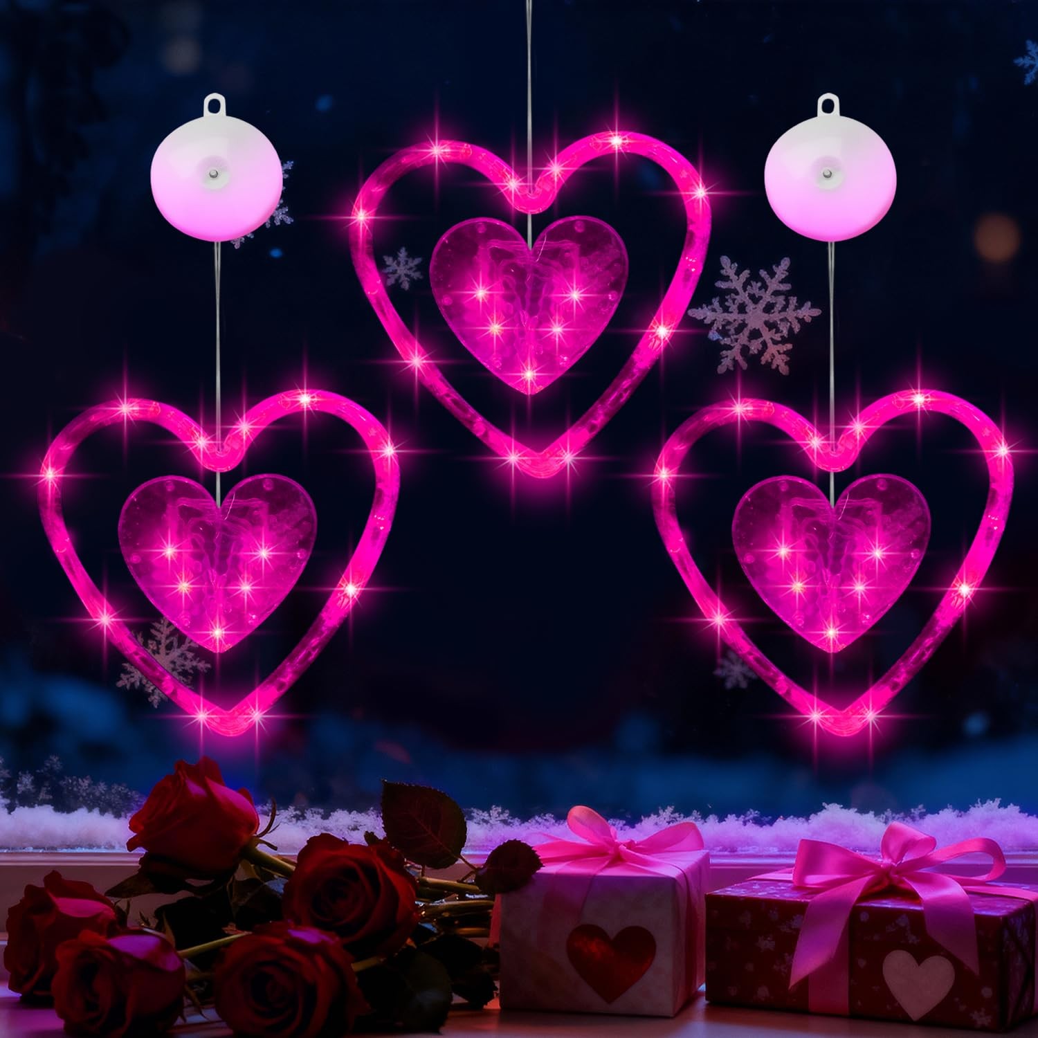 Artmag 3 Pcs Valentines Day Window Lights Decorations with Timer, Double Pink