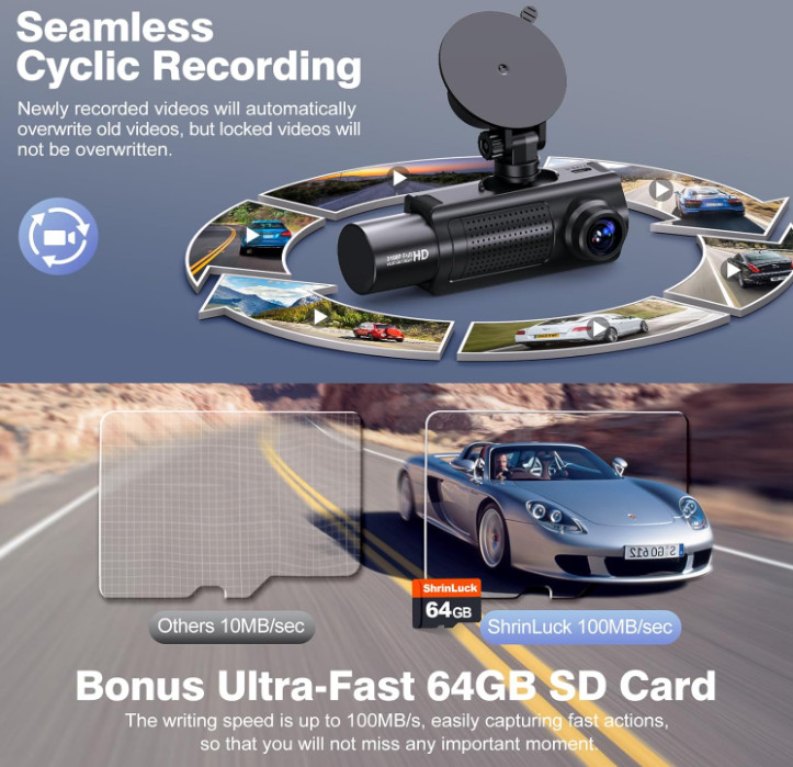 SHRINLUCK 4K+1080P+1080P 5.8GHz WiFi Dash Cam Front and Rear Inside, 64G SD