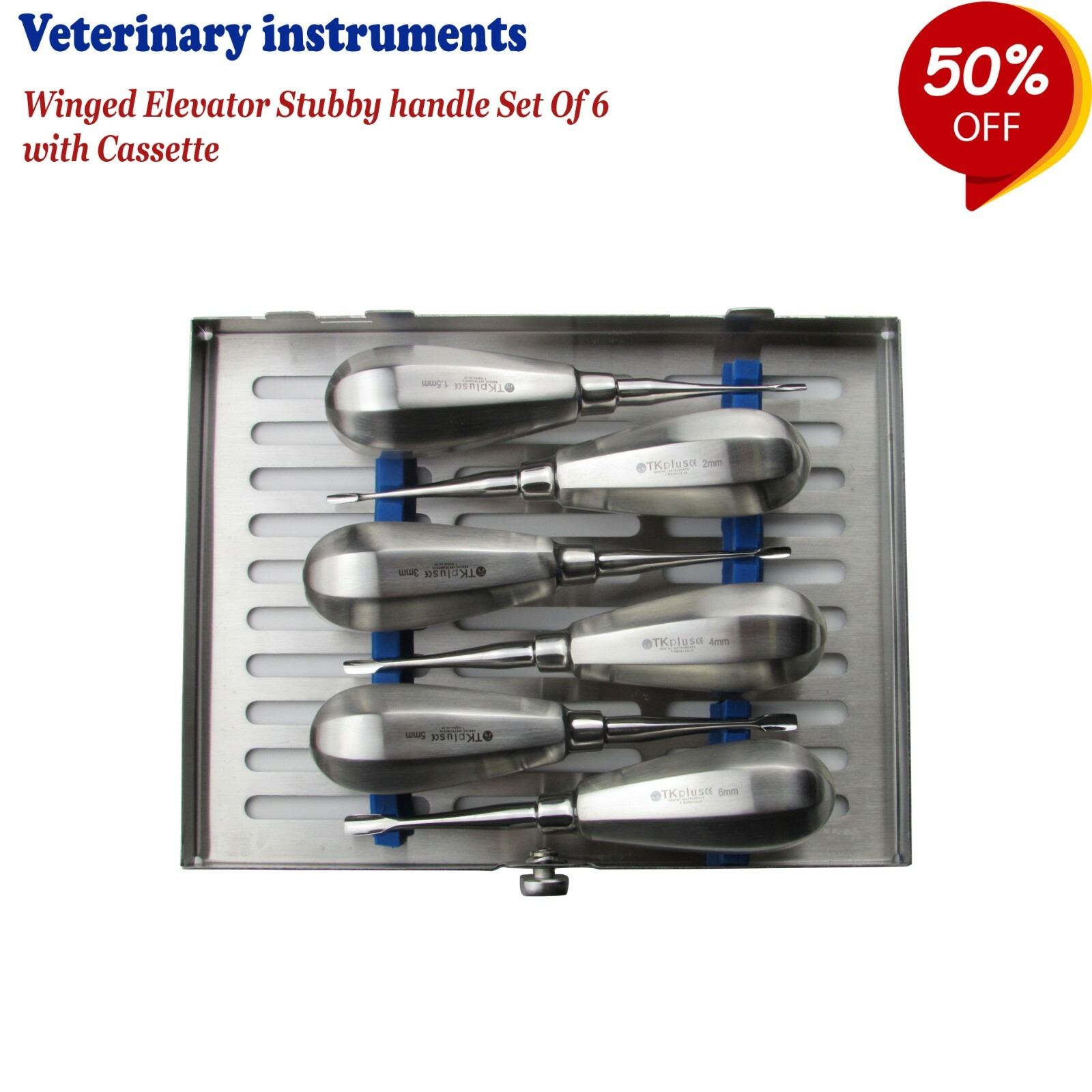 DENTAL VETERINARY INSTRUMENTS Cassette Of Winged Elevators Stubby Handle 6 PCs