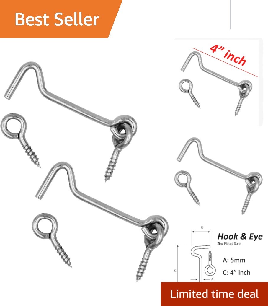 4" Zinc Plated Wire Gate & Eye Latch Set - 2 Durable Hooks for Doors