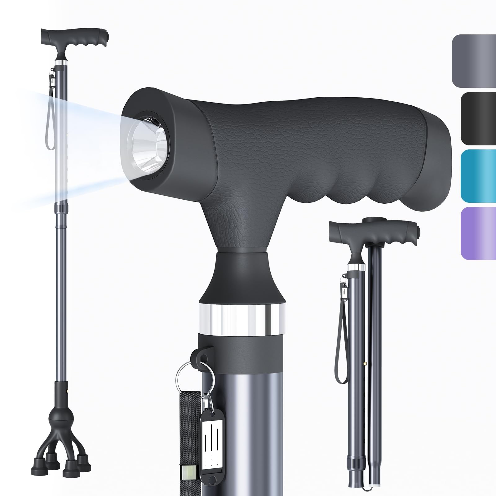 Walking Cane with LED Light for Seniors Men Women, Adjustable Folding Gray