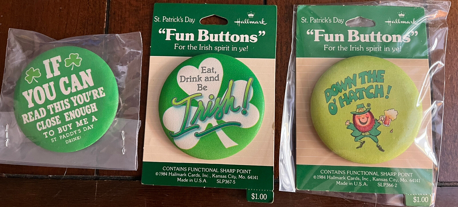 St. Patrick’s Day Fun 2 1/4 Inch Buttons/Pinbacks NOS Hallmark