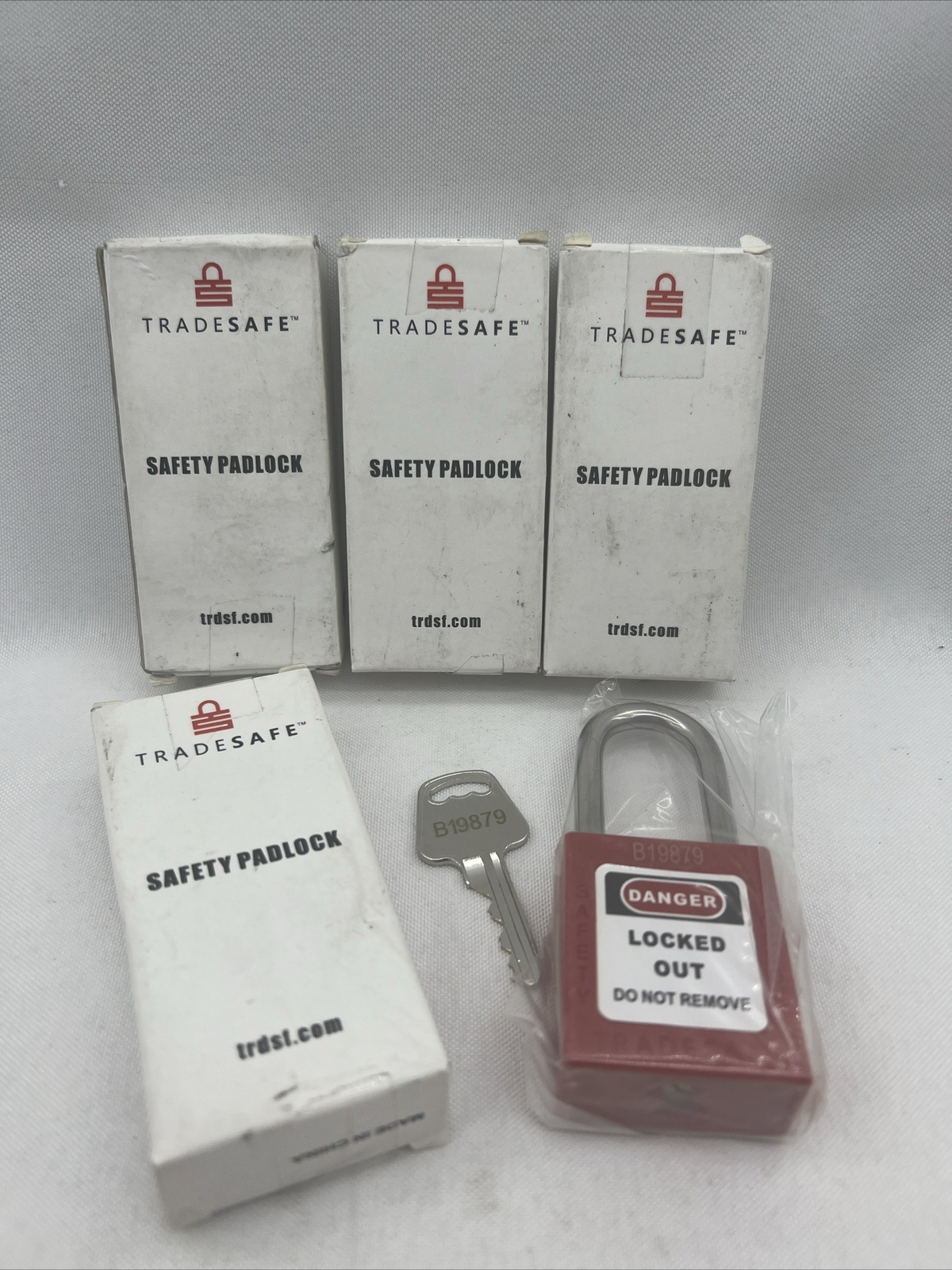 4 - TradeSafe Keyed Alike Lockout Locks w/1 Key Per Lock - Red
