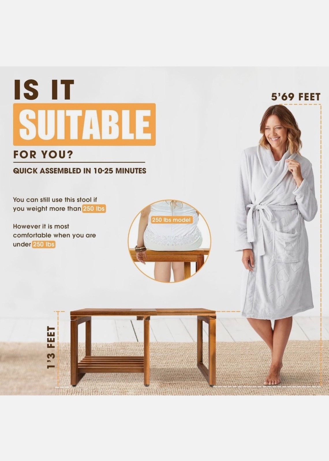 Enzeki brown wooden shower stool