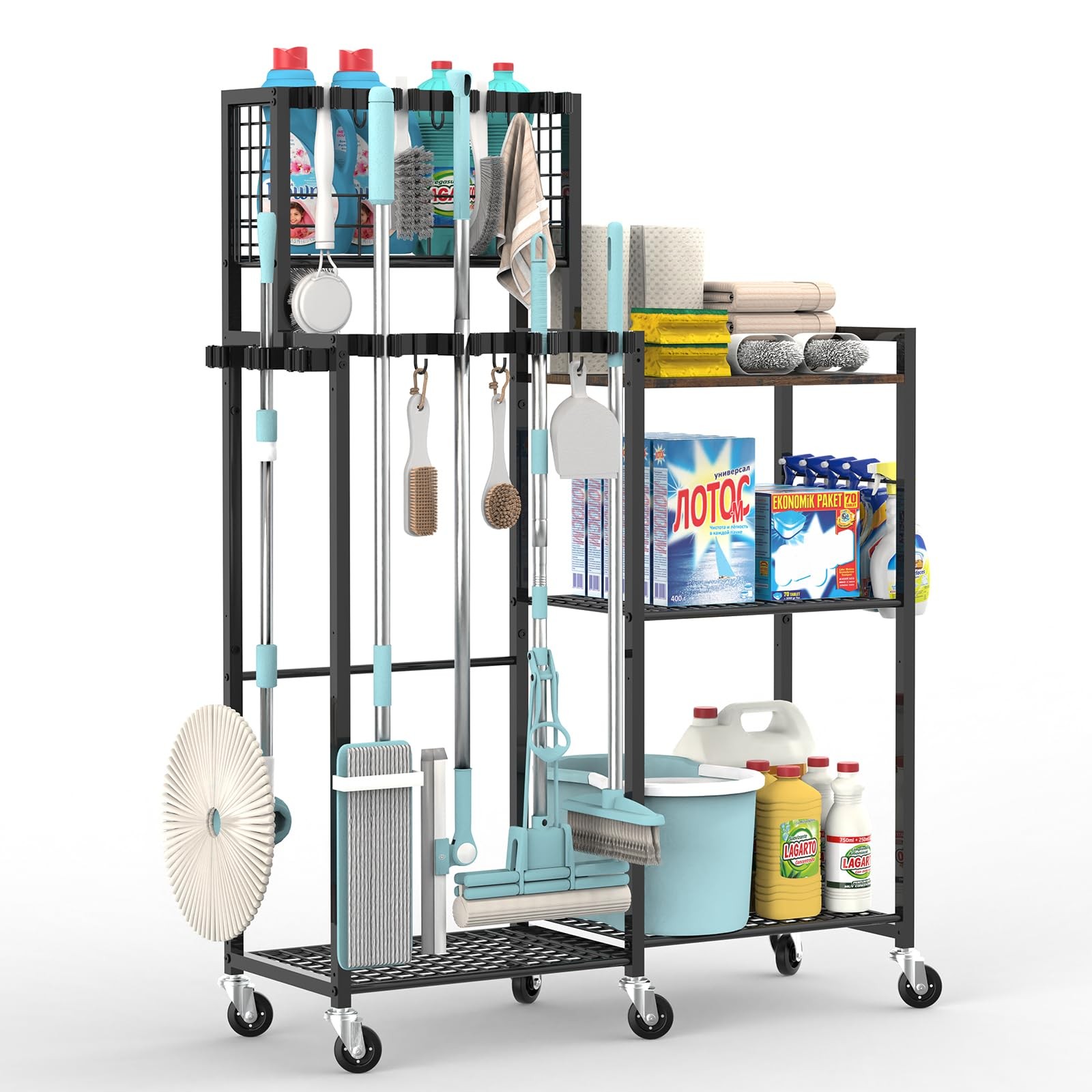 Broom Holder with Cleaning Supplies Organizer, Cleaning Cart with Broom Hange...