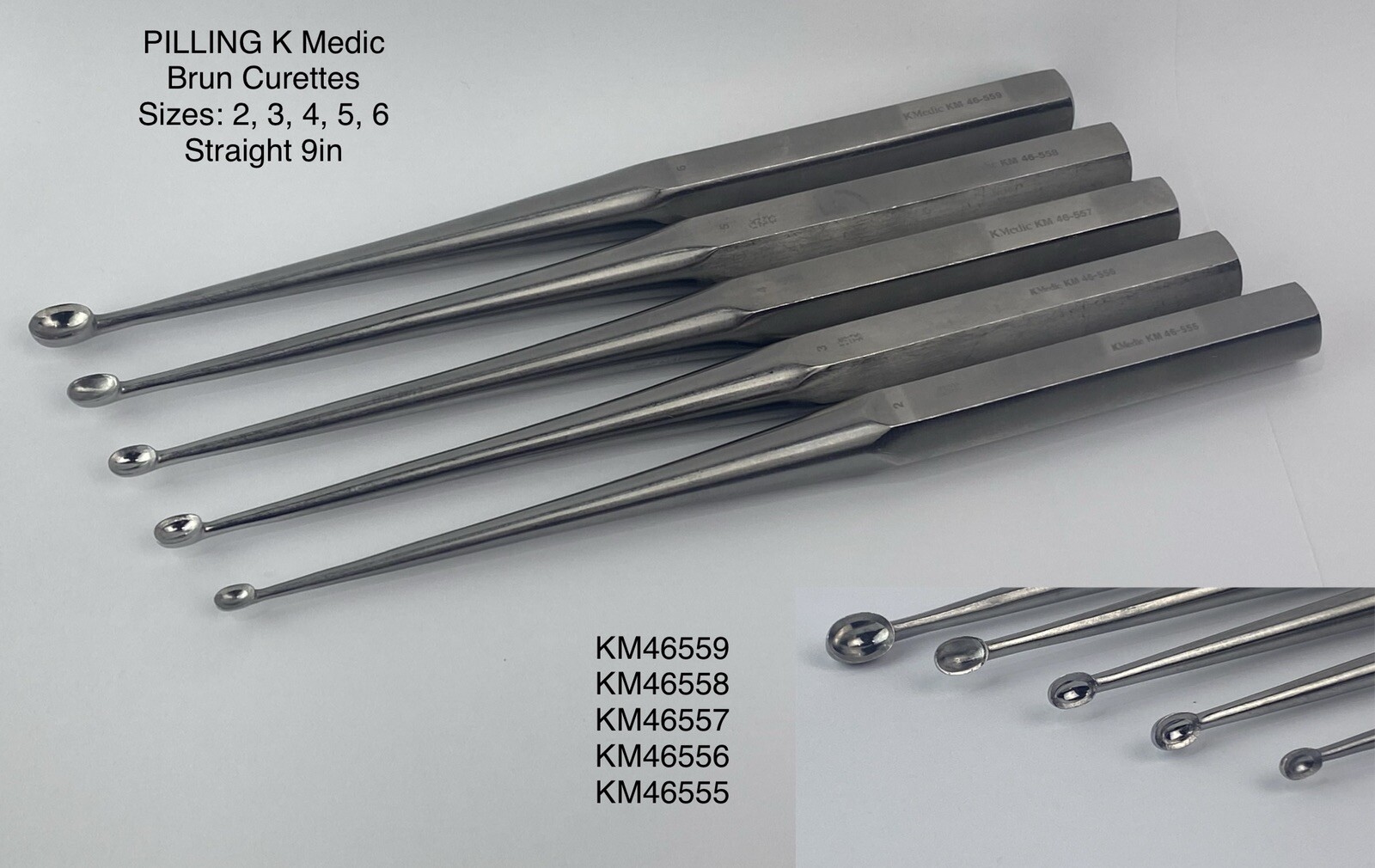PILLING KM46455 to KM46559 Brun Curette Sizes 2 to 6 Hex Handle 9in L Lot of 5
