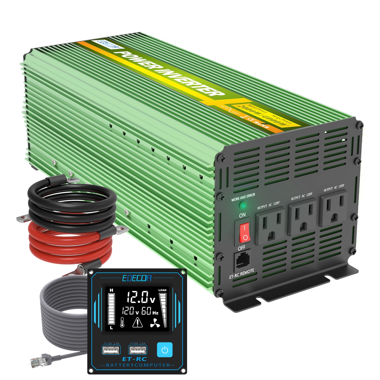 EDECOA Power Inverter 2000W Pure Sine Wave 12V 110V 120V Remote RV Car Campervan