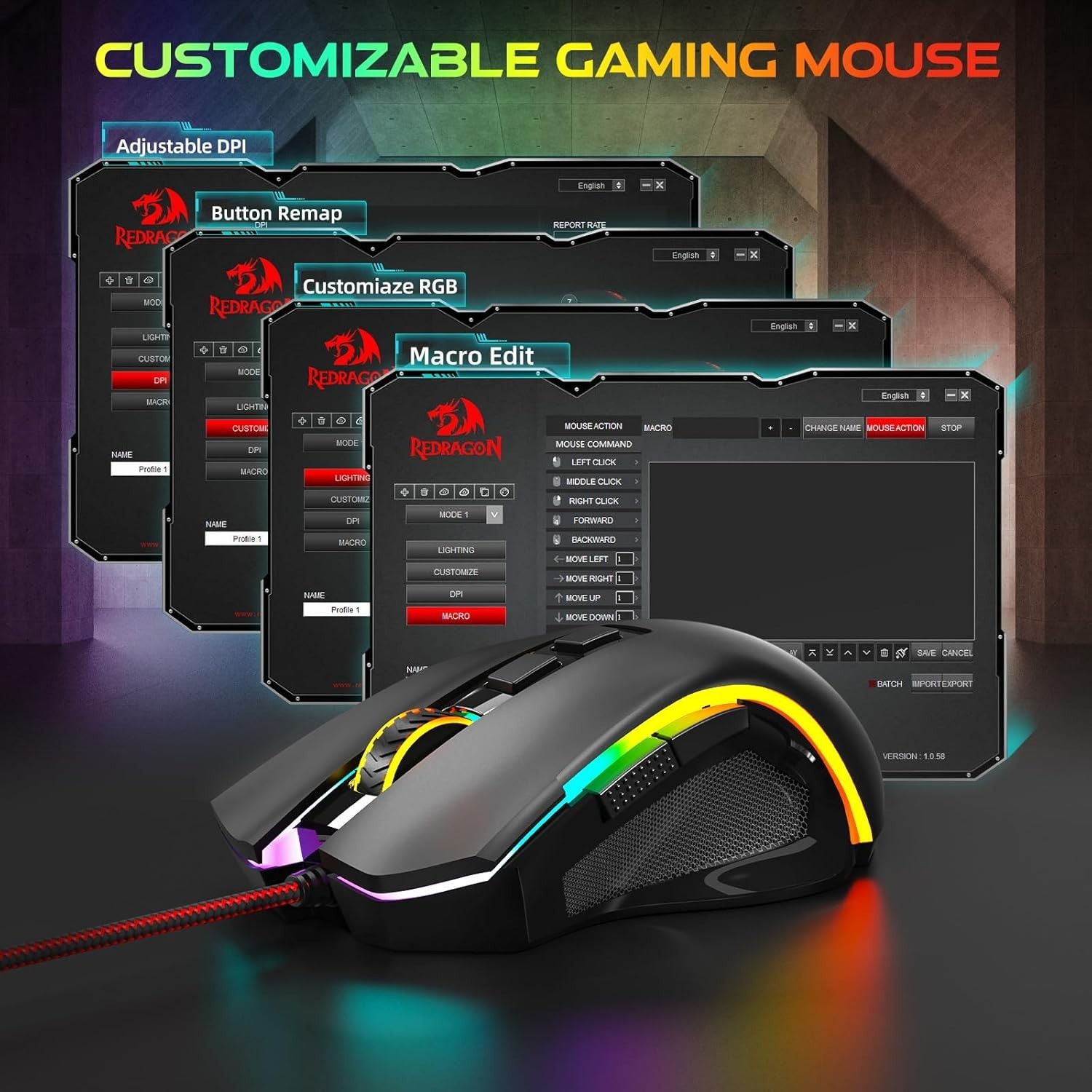 M602 Gaming Mouse, Ergonomic RGB Gaming Mouse Wired with 7200 Adjustable DPI,...