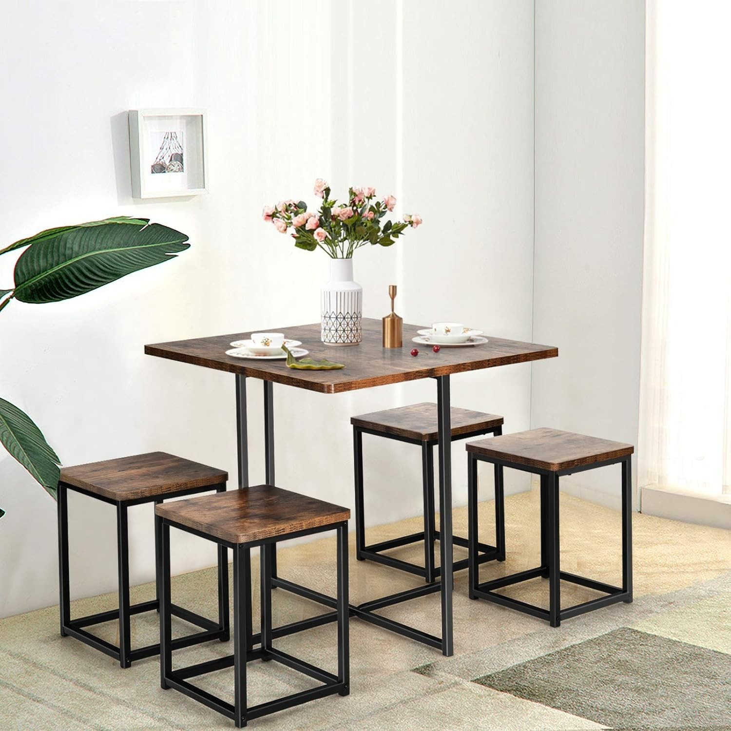 5 Piece Dining Table Set Dining Set 4 W/ Square Stools Small Kitchen Table Set